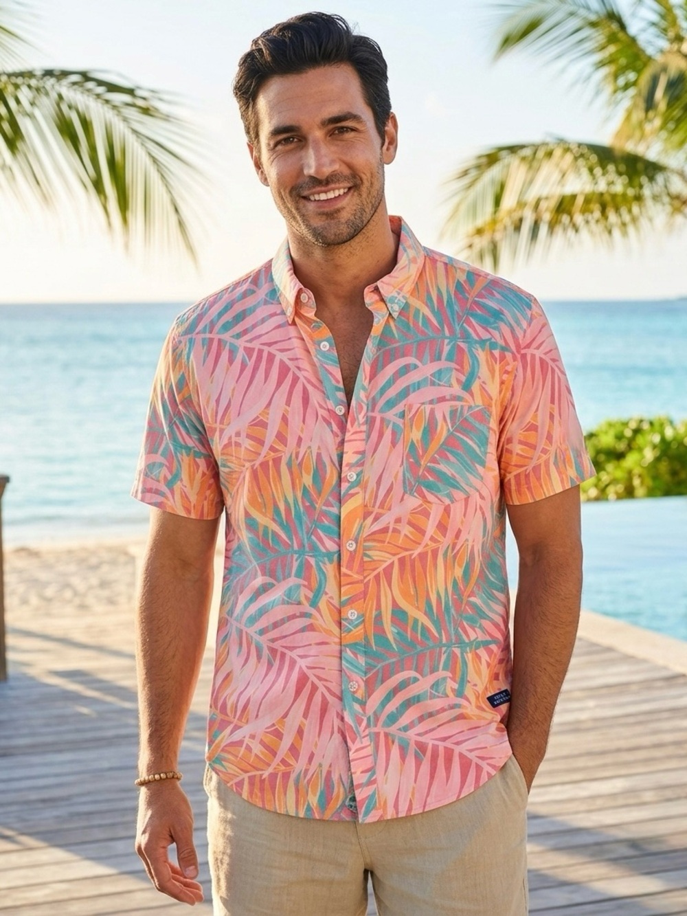 Simply Southern Mens Tropical Palm Leaf Short Sleeve Button Down Shirt Large
